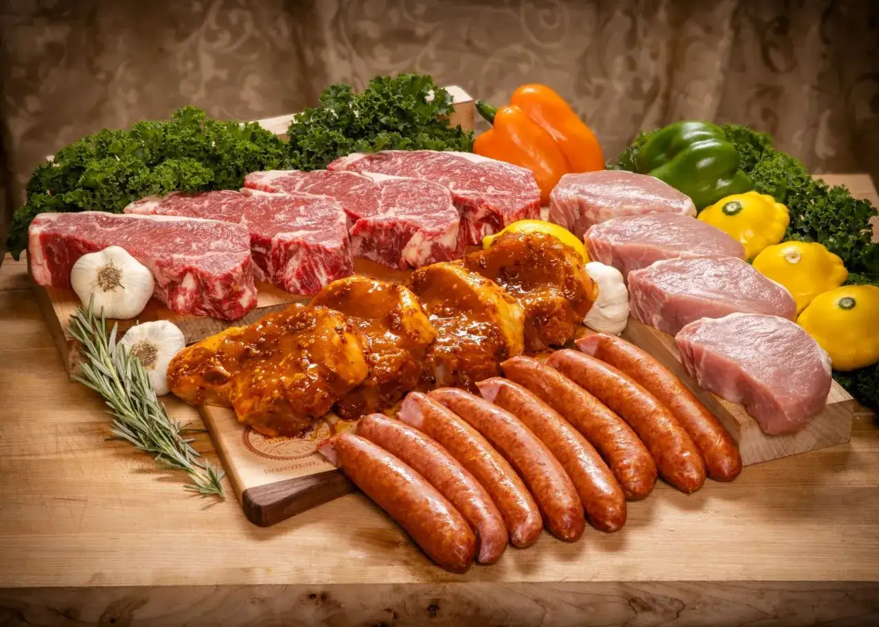 Un assortiment de viandes crues et marinées, incluant des steaks, des côtelettes de porc, des saucisses, du poulet, des légumes et des herbes. Un aperçu des 10 meilleurs viandes du monde.