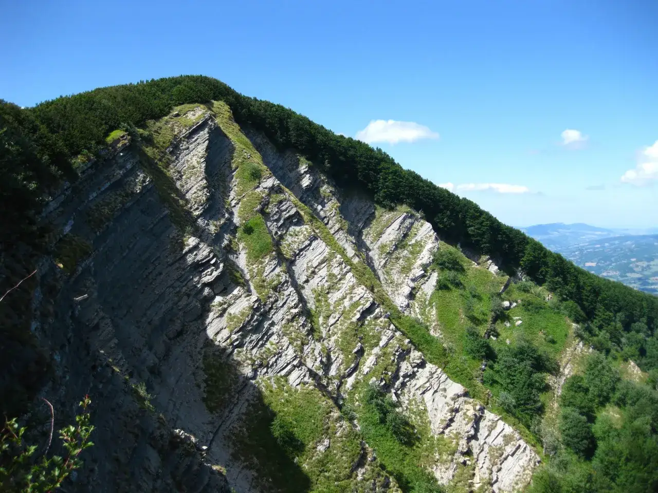 Ripida parete rocciosa con stratificazioni evidenti, ricoperta da vegetazione verde e alberi. Il cielo azzurro sovrasta la **ripa della luna**.