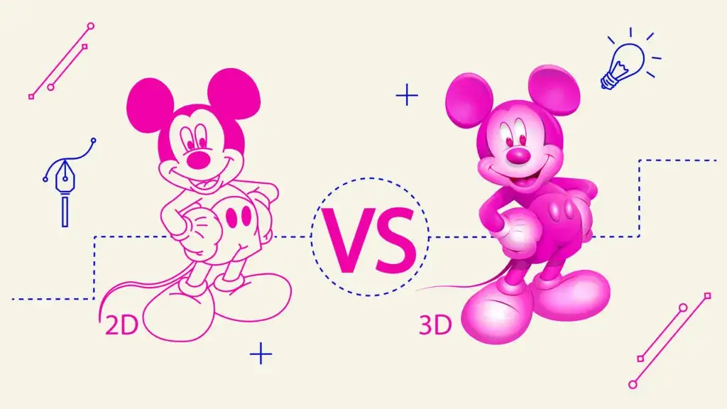 Myszka Miki w wersji 2D i 3D, por&oacute;wnanie styl&oacute;w graficznych.