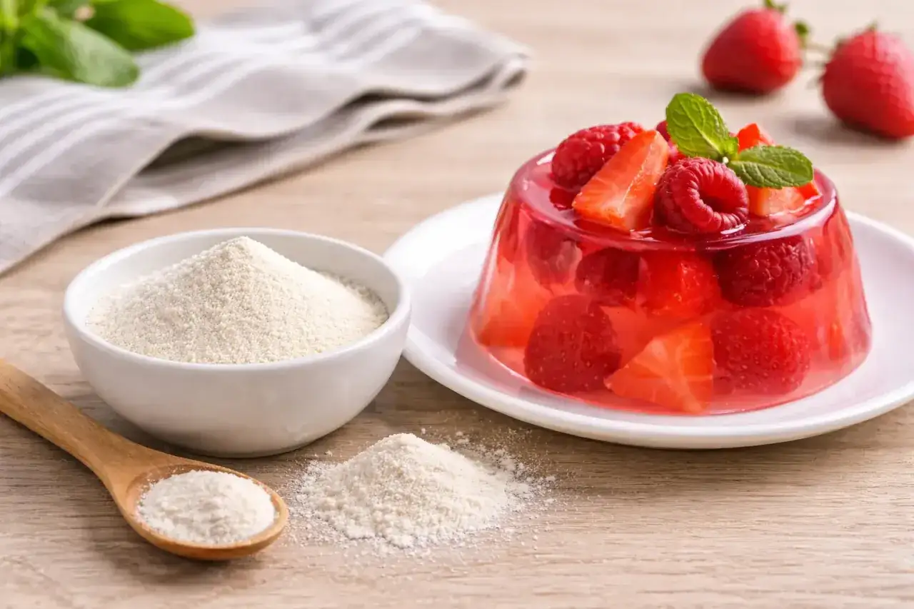 G&eacute;latine ou agar-agar en poudre &agrave; c&ocirc;t&eacute; d'une d&eacute;licieuse gel&eacute;e aux fruits rouges.