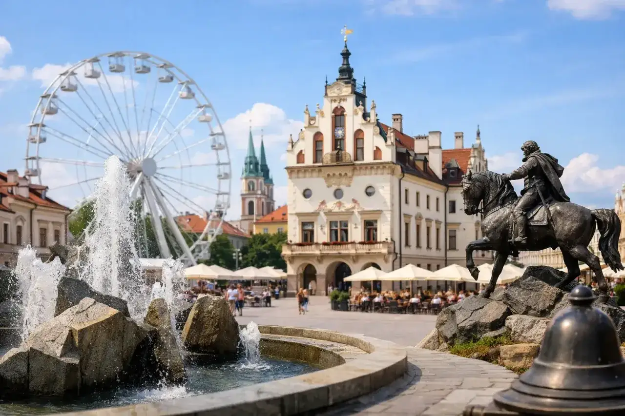Rzeszów: fontanna, pomnik konny, ratusz i diabelski młyn. Idealne rzeszów atrakcje dla dorosłych na letni dzień.
