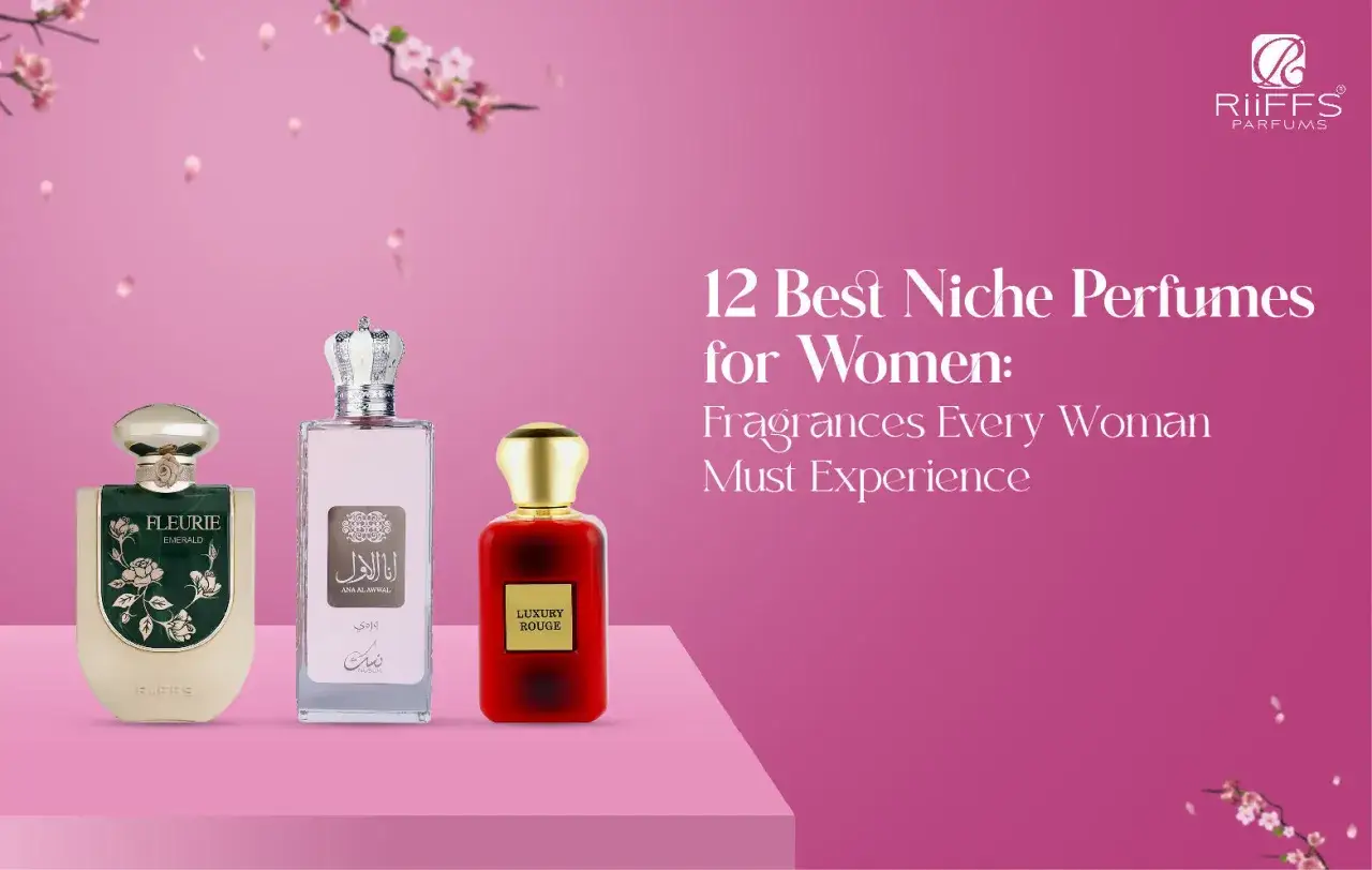 Eleganckie, luksusowe perfumy damskie: zielony, r&oacute;żowy i czerwony flakonik na tle kwitnącej wiśni.