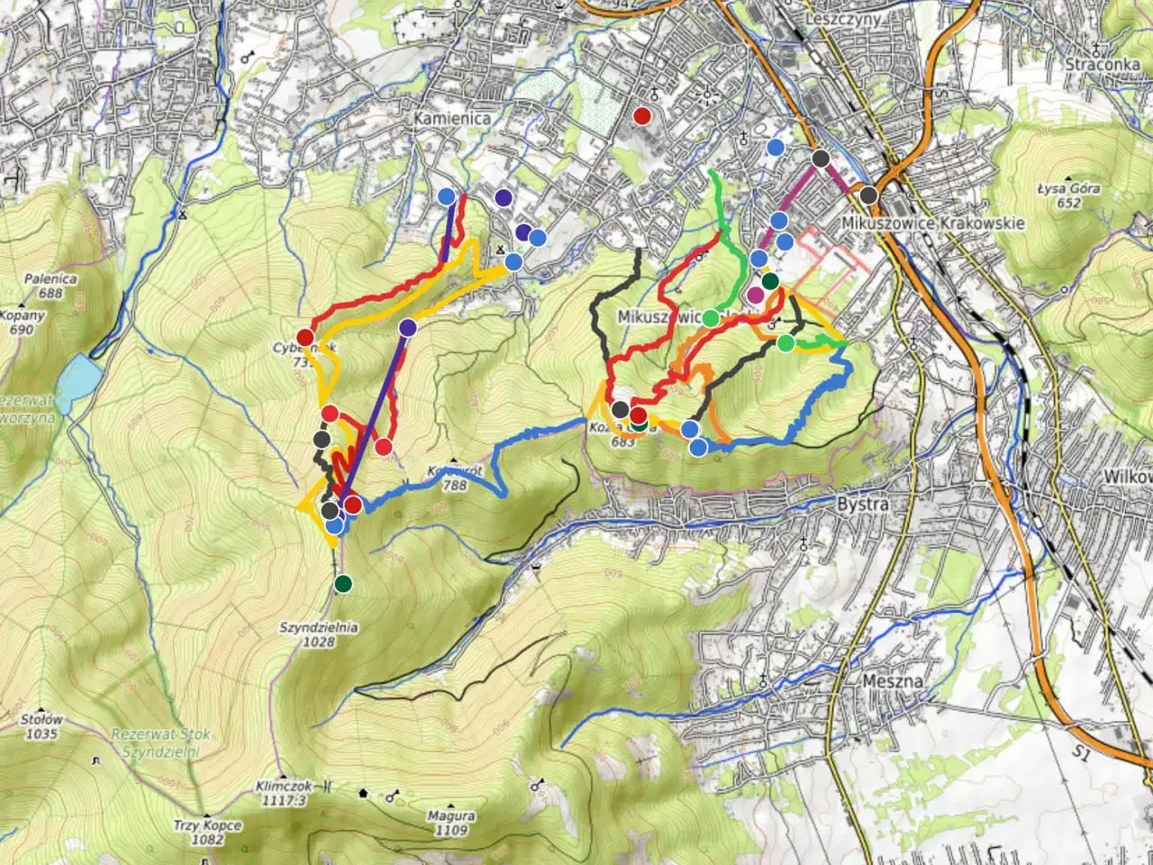 Mapa szlaków turystycznych Kozia Góra Bielsko-Biała