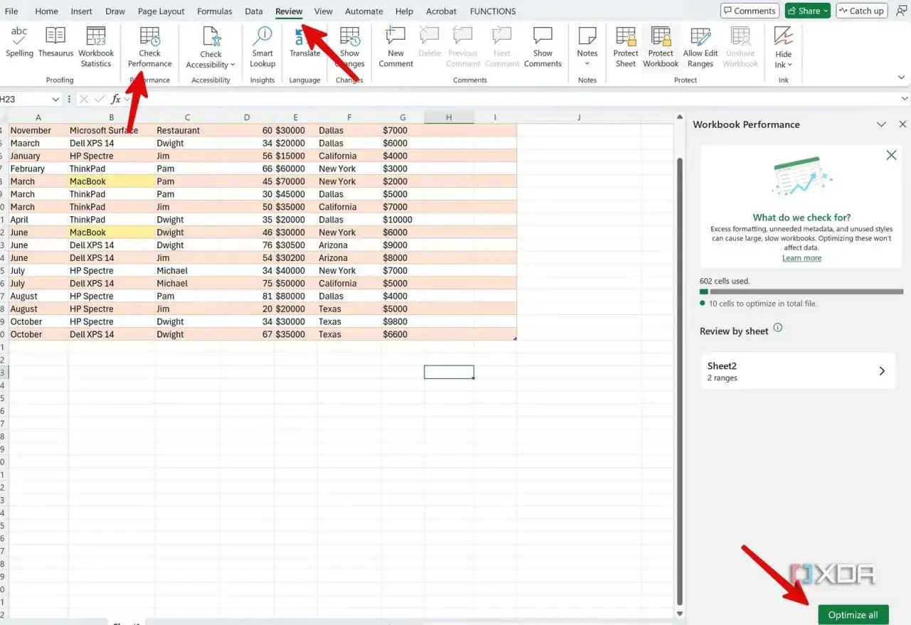 File Excel troppo pesante: 602 celle usate, 10 da ottimizzare. La performance del workbook è lenta.