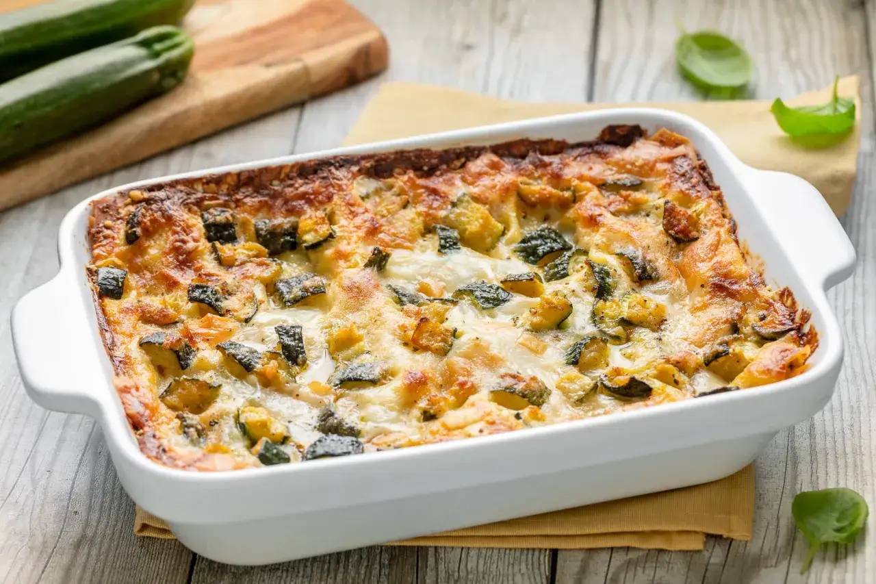 Lasagne alle verdure ricetta della nonna, appena sfornate, con zucchine e formaggio filante.