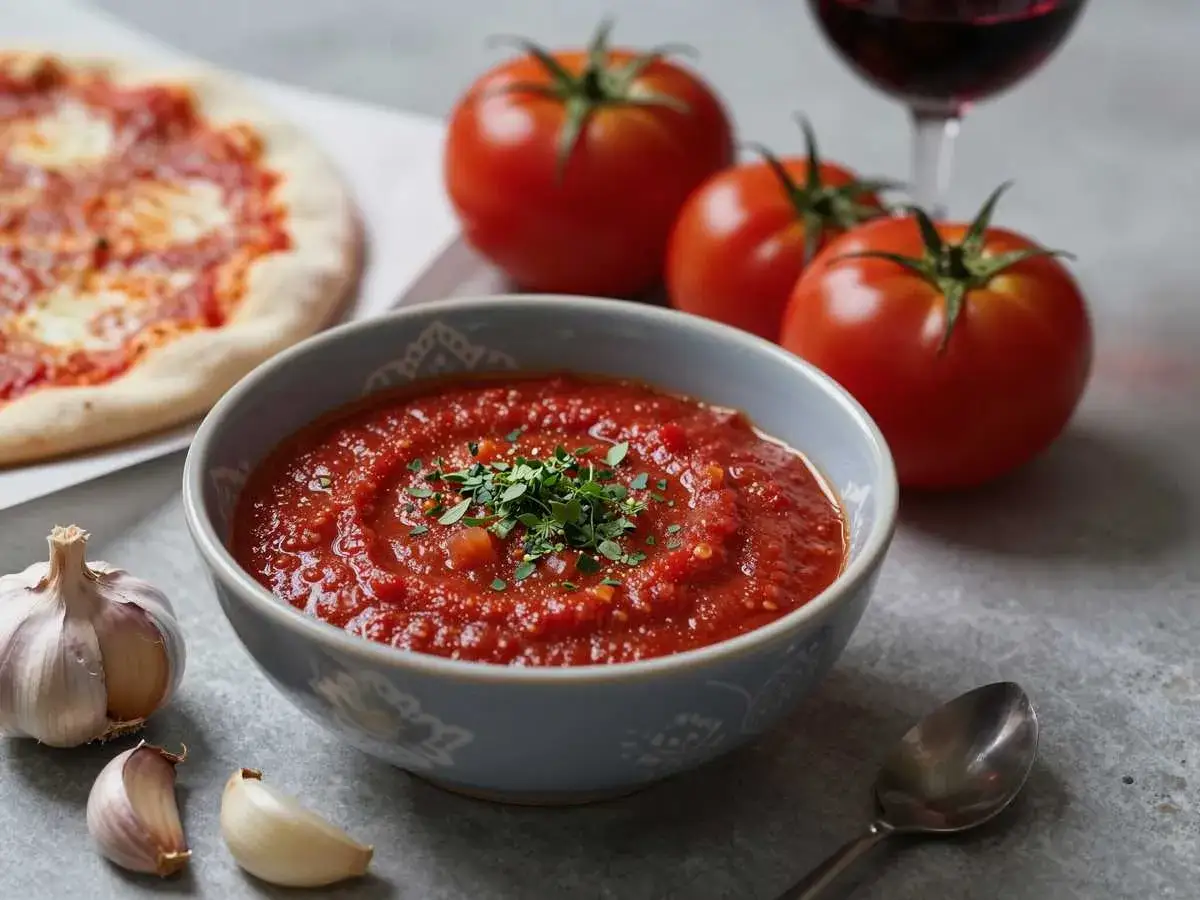 Eine Schüssel mit aromatischer Tomatensauce mit Rotwein, garniert mit Kräutern, neben frischen Tomaten, Knoblauch und einer Pizza.