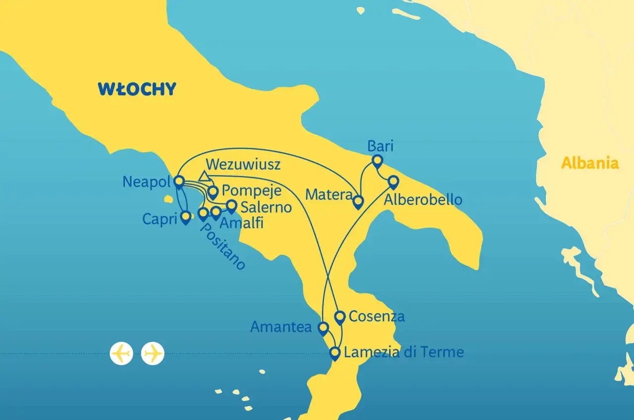 Mapa Włoch z zaznaczonymi miastami: Neapol, Pompeje, Wezuwiusz, Amalfi, Salerno, Capri, Positano, Matera, Alberobello, Bari, Amantea, Cosenza, Lamezia di Terme. Włochy jakie morze? Widać Morze Śródziemne.