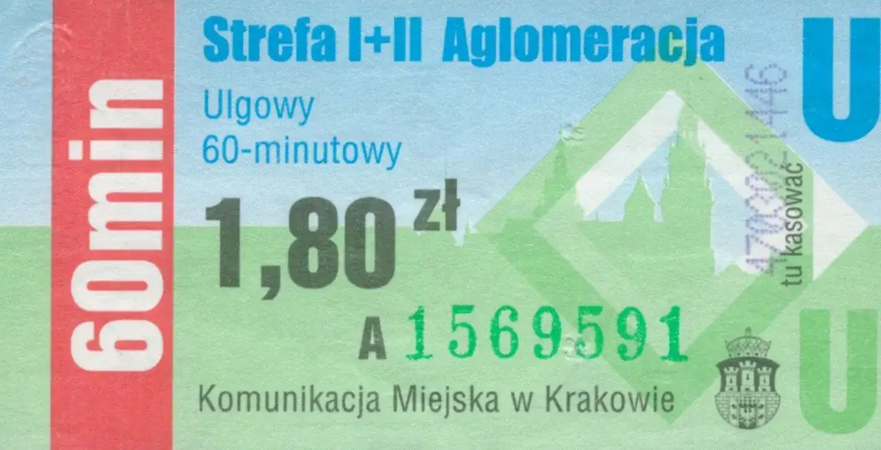 Bilet godzinny Kraków: ulgowy, 60-minutowy za 1,80 zł. Komunikacja Miejska w Krakowie.