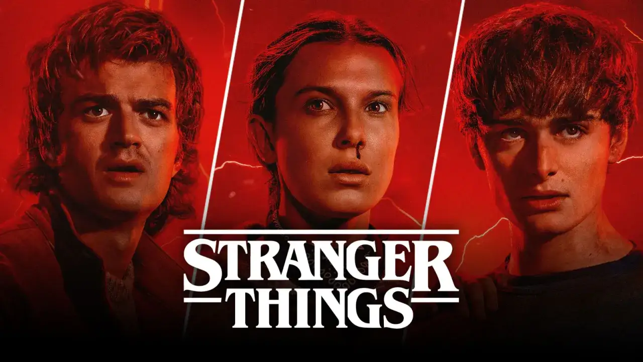 Steve, Eleven y Will esperan ansiosos cuándo sale Stranger Things 5. El logo de la serie destaca en rojo intenso.