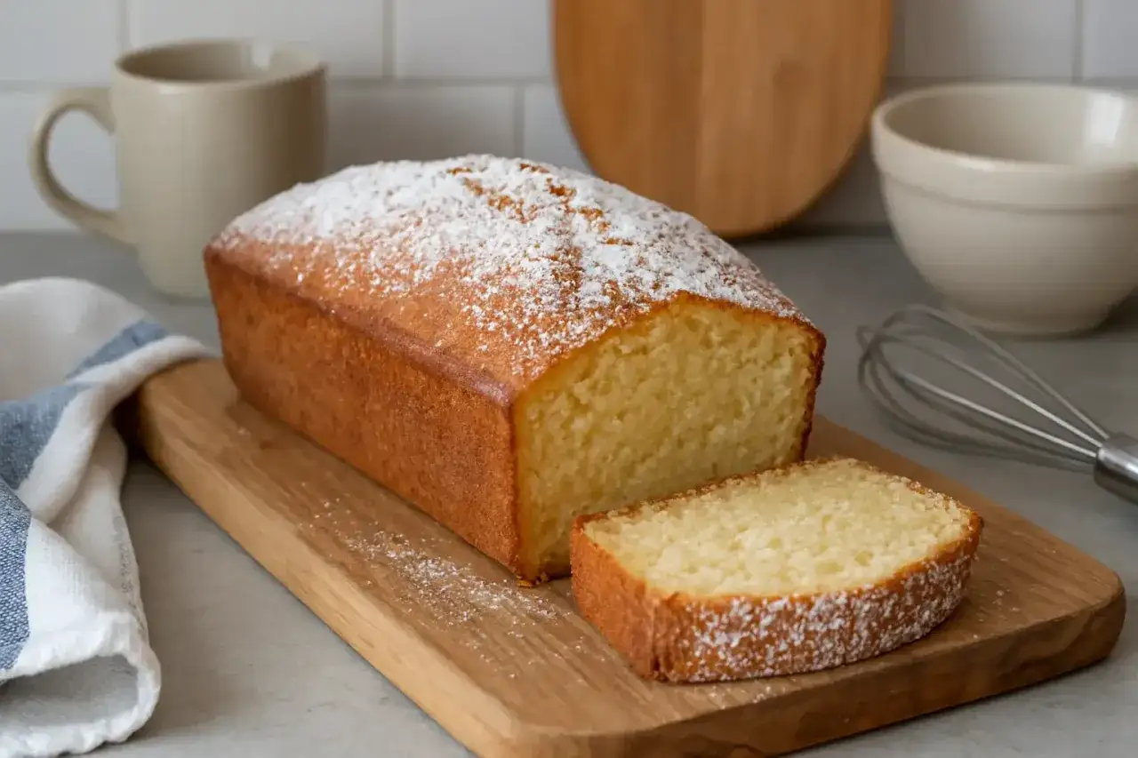 Un d&eacute;licieux g&acirc;teau moelleux, saupoudr&eacute; de sucre glace, pr&ecirc;t &agrave; &ecirc;tre d&eacute;gust&eacute;. Une tranche est d&eacute;j&agrave; coup&eacute;e, invitant &agrave; la gourmandise.