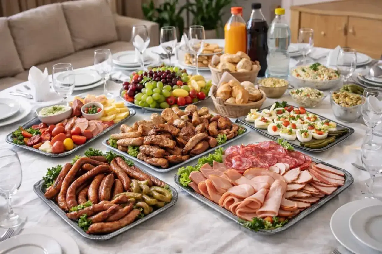 Eleganckie, dekoracyjne układanie wędlin na p&oacute;łmisku, obok innych smakołyk&oacute;w, tworzy apetyczny st&oacute;ł.
