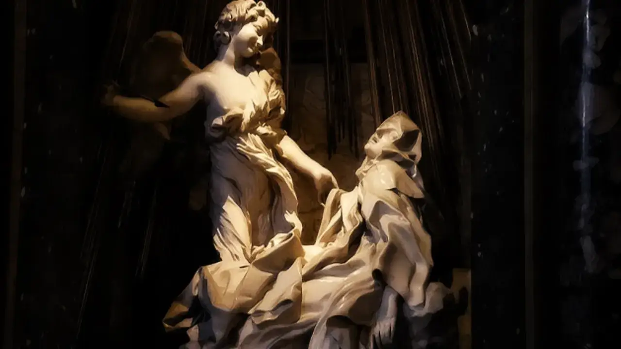 Estasi di Santa Teresa, capolavoro barocco nella chiesa di Santa Maria della Vittoria. Un angelo trafigge il cuore della santa con una freccia d'oro.