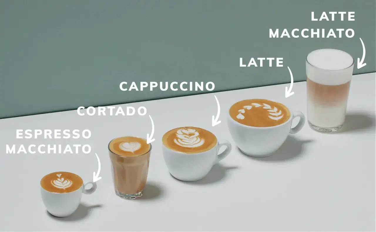 Olika kaffedrycker: Espresso Macchiato, Cortado, Cappuccino, Latte och Latte Macchiato. Macchiato betyder fl&auml;ckad, som i espresso med en liten m&auml;ngd mj&ouml;lk.