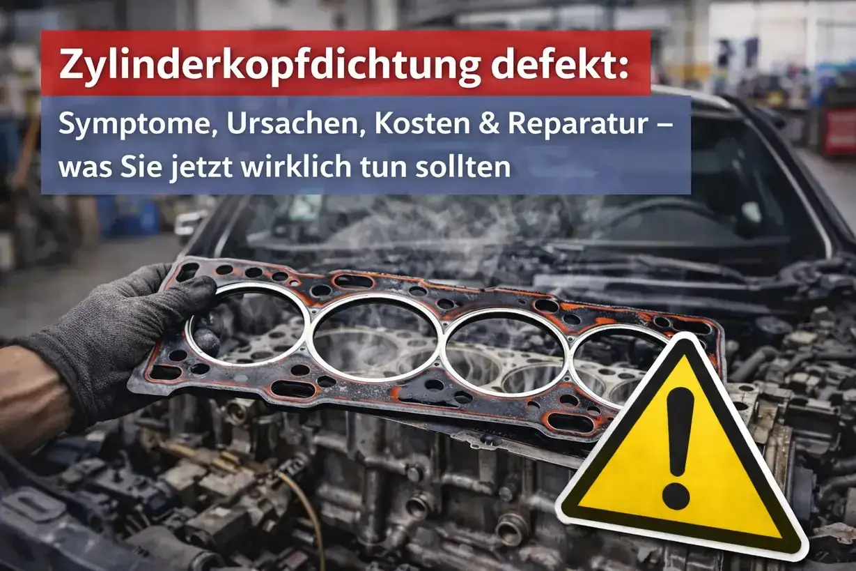 Ein Mechaniker hält eine defekte Zylinderkopfdichtung in der Hand, bereit zum Wechseln. Dampf steigt aus dem Motorraum auf. Warnsymbol.