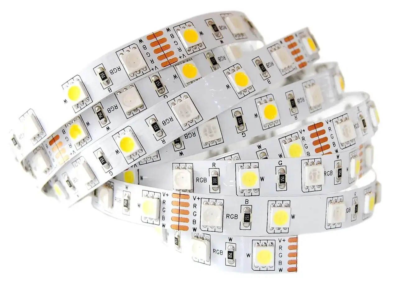 Paski LED SMD 5050 RGBW z widocznymi elementami i oznaczeniami parametrów, gotowe do montażu.