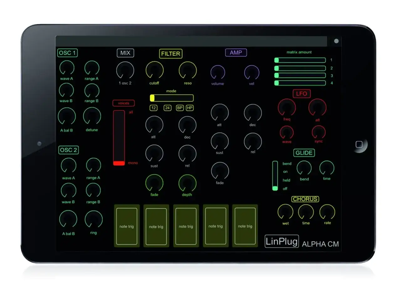 Tablet z syntezatorem LinPlug ALPHA CM. Widoczne sekcje OSC, FILTER, AMP, LFO, GLIDE, CHORUS oraz przyciski do sterowania parametrami, w tym wejście MIDI.