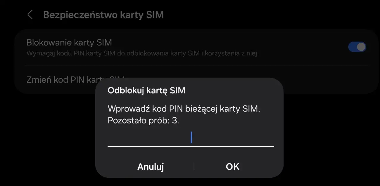 Telefon nie ma internetu, bo karta SIM jest zablokowana. Trzeba wprowadzić kod PIN, by odblokować kartę SIM i móc korzystać z telefonu.