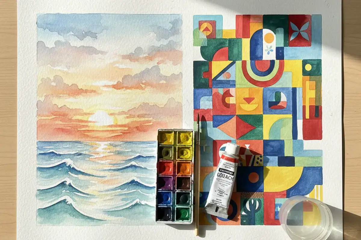 Deux peintures, une marine au coucher du soleil et une abstraite color&eacute;e, avec une palette de gouache et un tube. La gouache, c'est quoi ? C'est cette peinture opaque et vibrante !