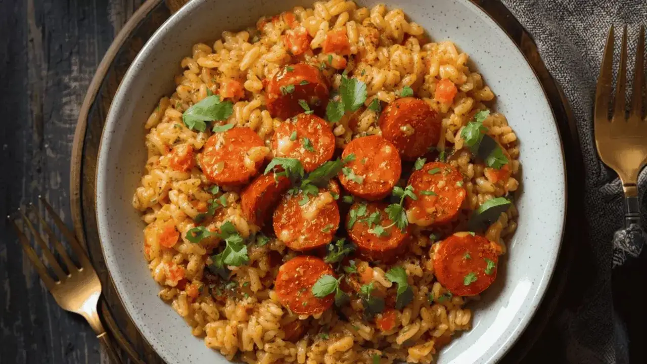 Un délicieux risotto chorizo, garni de persil frais, prêt à être dégusté.