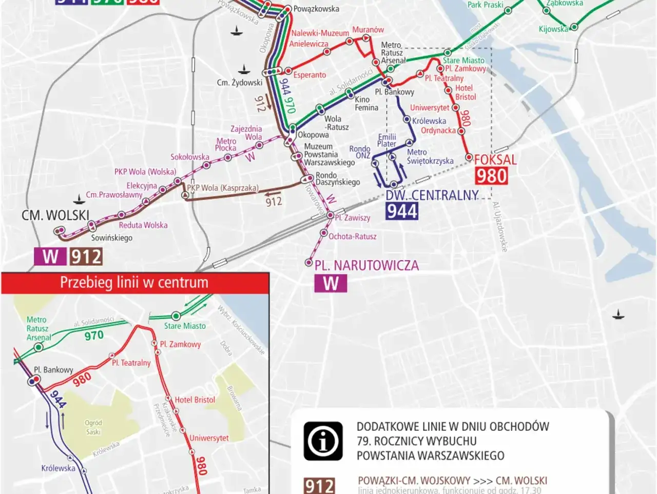 Mapa pokazuje trasę linii 912 w Warszawie, łączącą C.M. Wolski z centrum.