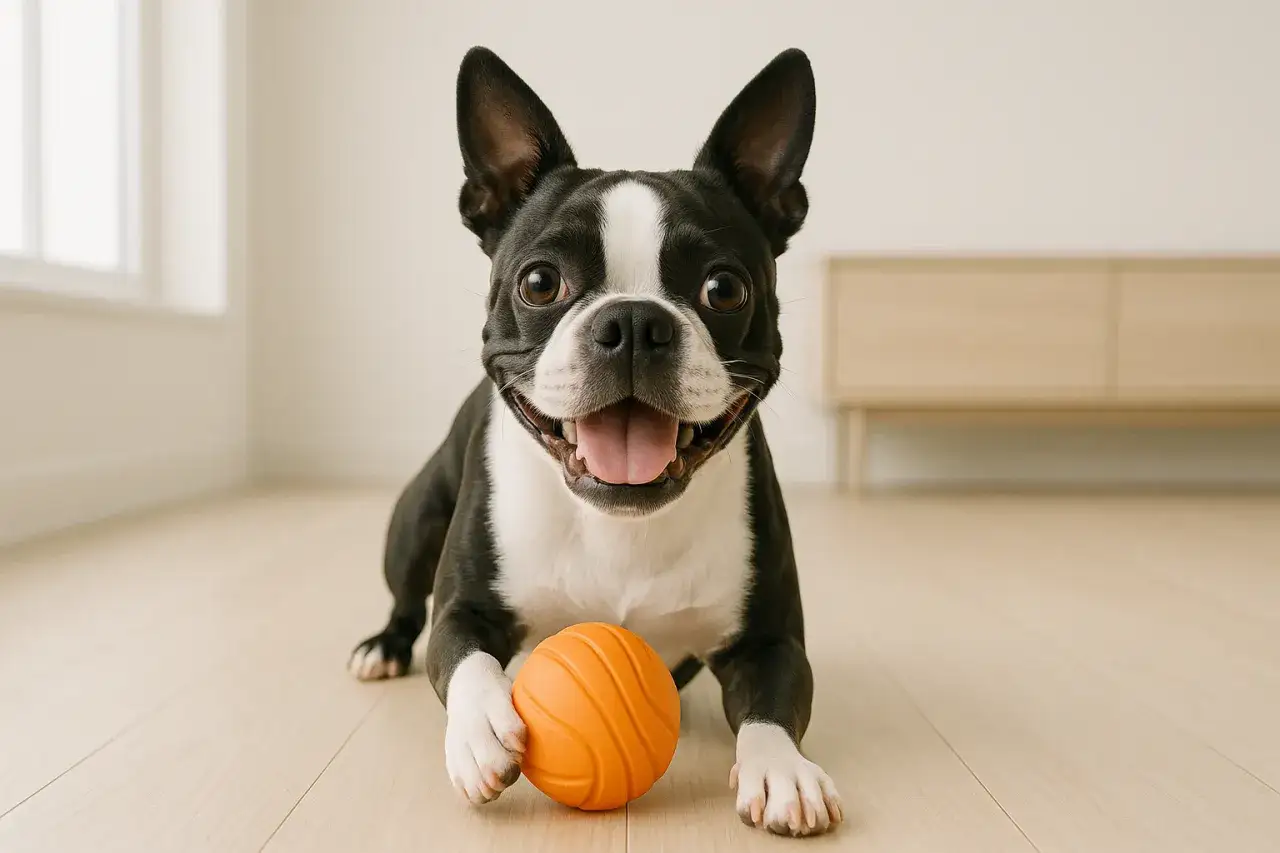 Uśmiechnięty boston terrier z pomarańczową piłeczką. Mimo że boston terrier wady zdrowotne są znane, ten piesek wygląda na szczęśliwego i pełnego energii.