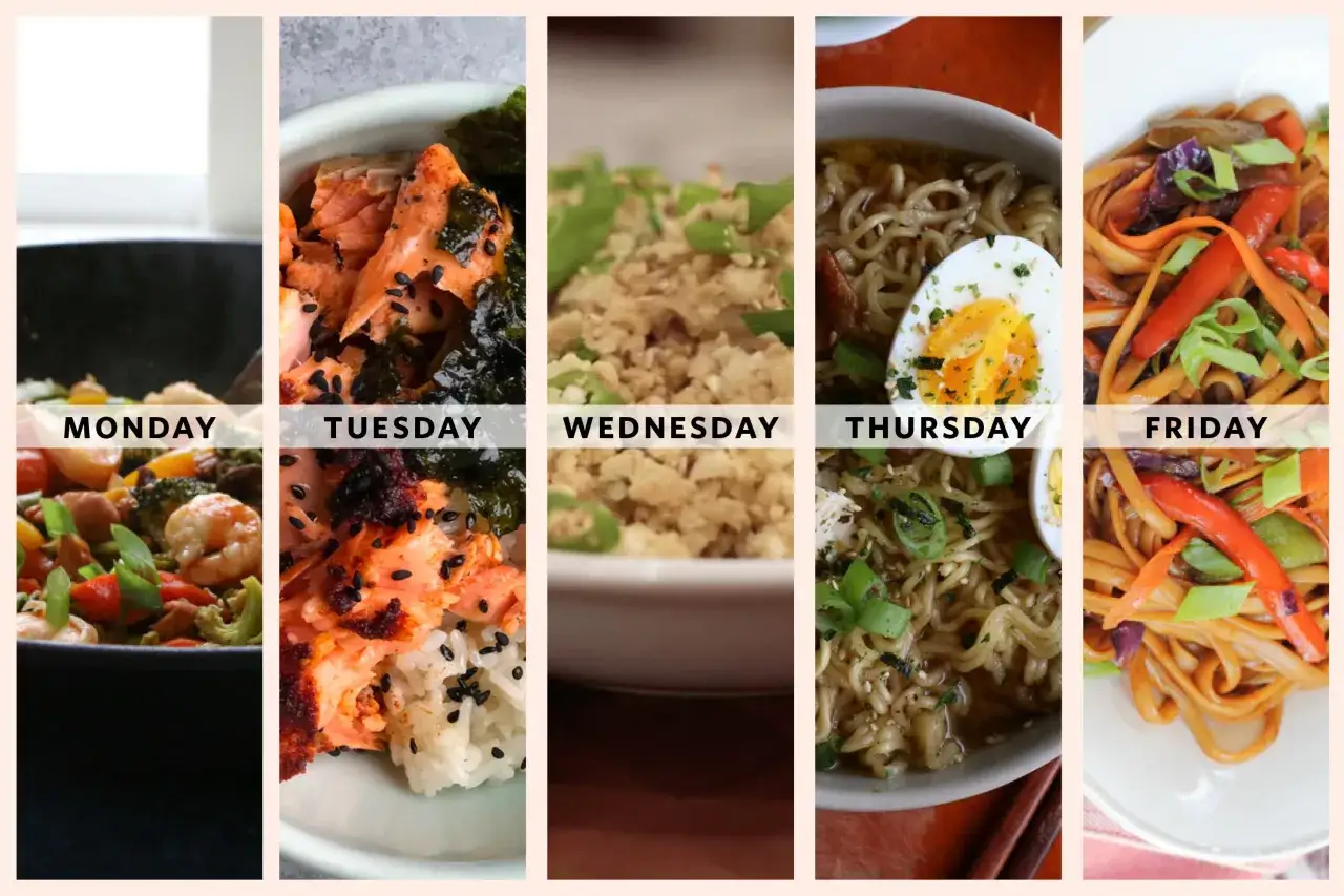 Eine Woche voller leckerer asiatischer Rezepte: von Garnelen-Pfanne &uuml;ber Lachs mit Reis bis zu Ramen und Nudelgerichten.
