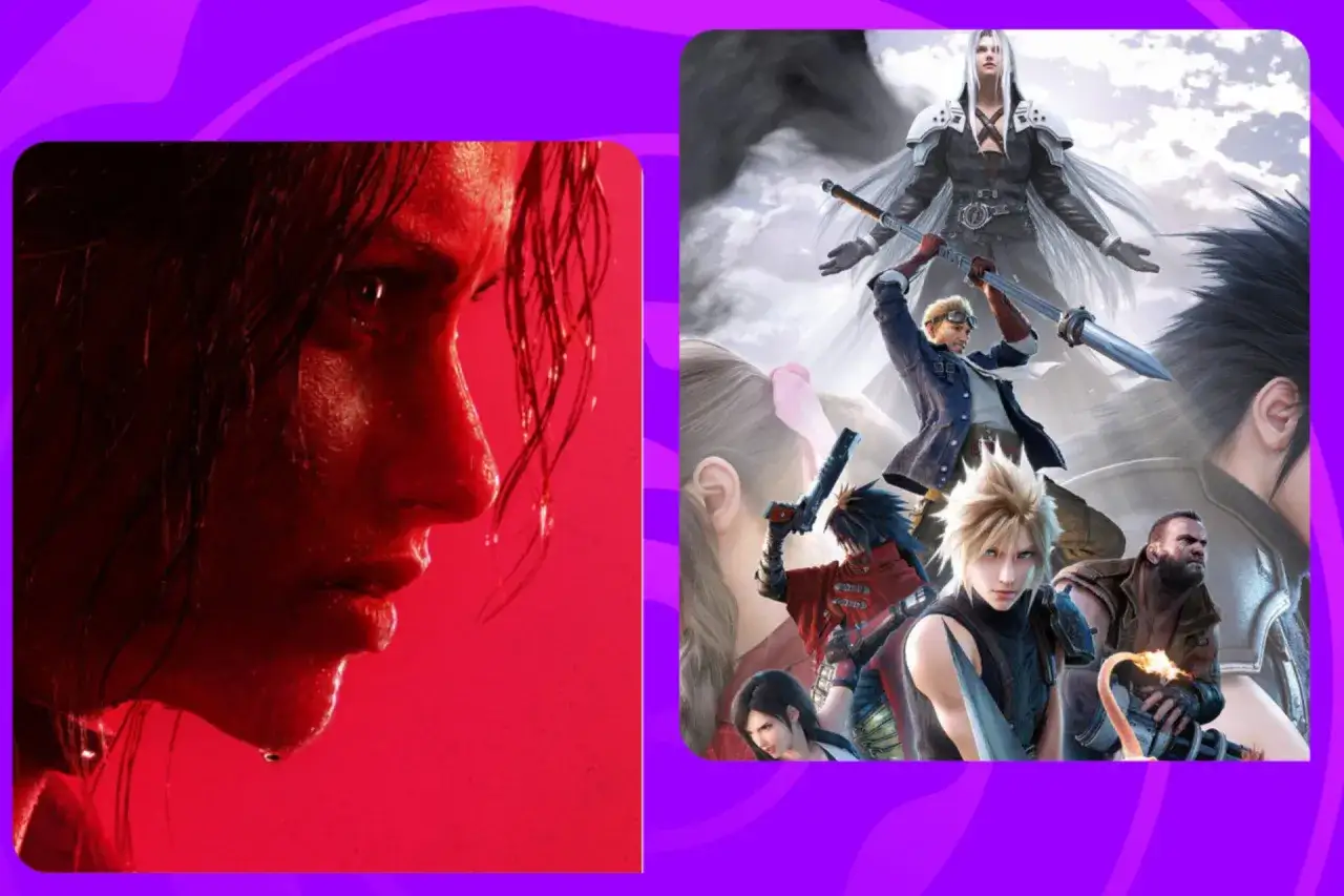 Zwiastuny gier z Summer Game Fest: zbliżenie na twarz w czerwonym świetle i postacie z Final Fantasy VII.