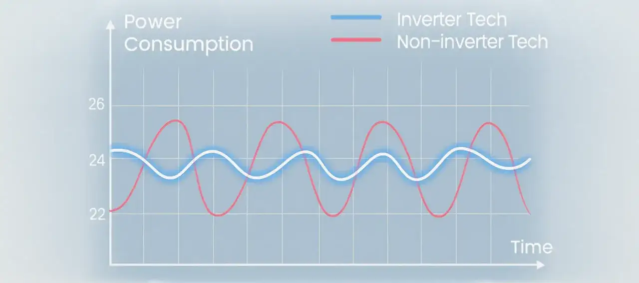 Gr&aacute;fico de consumo de energ&iacute;a: la l&iacute;nea azul (tecnolog&iacute;a inverter) muestra un consumo estable, mientras que la roja (tecnolog&iacute;a no inverter) fluct&uacute;a. Esto explica que significa inverter en aire acondicionado: ahorro.