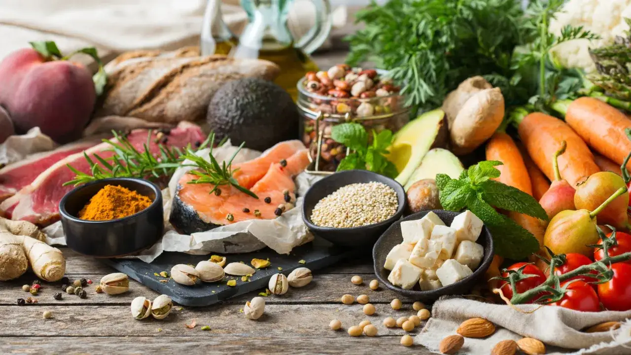 Inspiracja na dieta śródziemnomorska przepisy na cały tydzień: łosoś, awokado, warzywa, owoce, orzechy, nasiona i przyprawy.