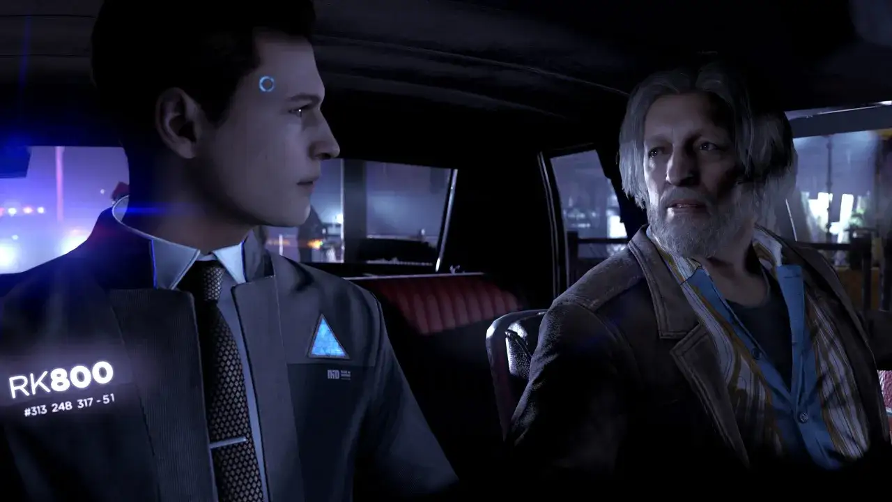 Connor z Detroit, android RK800, siedzi obok starszego mężczyzny w samochodzie.