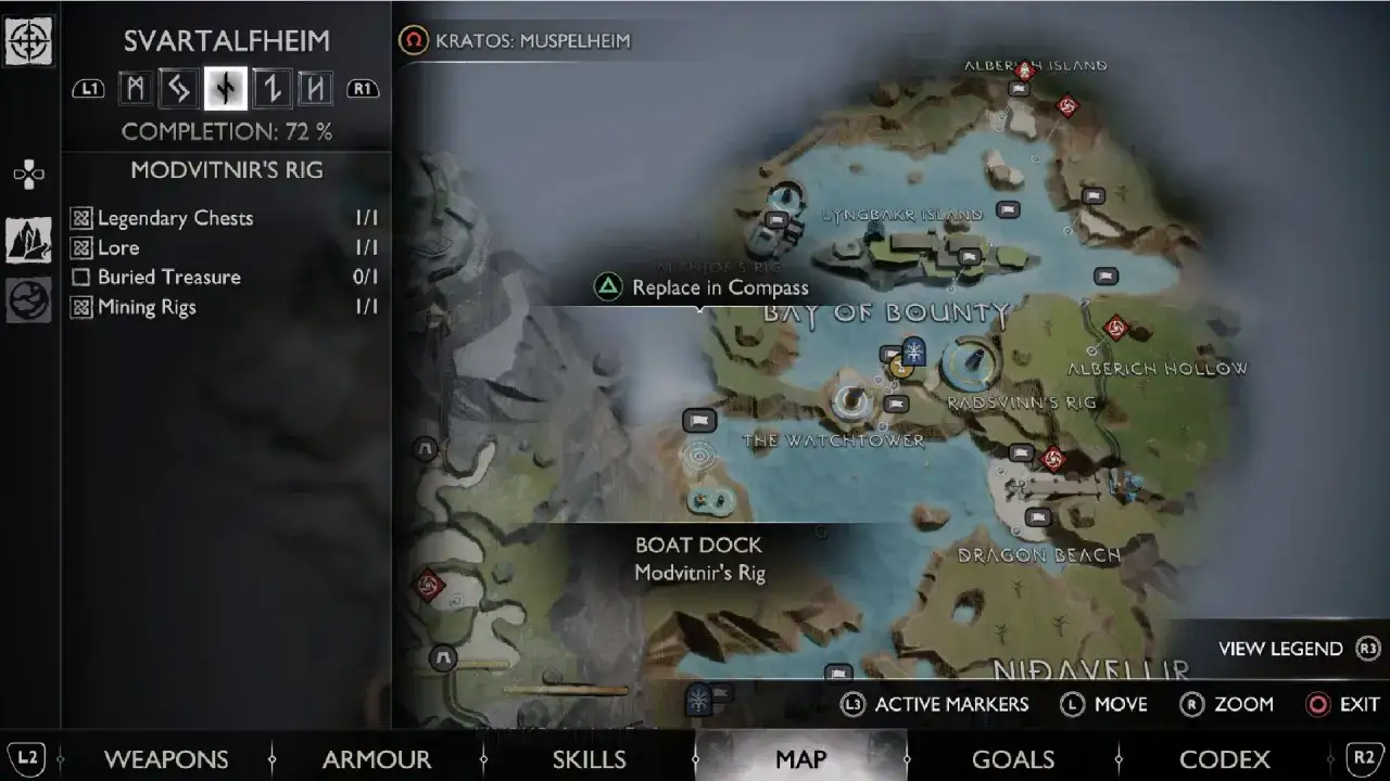 Mapa Svartalfheim w God of War Ragnarok. Modvitnir's Rig, Tygiel, 72% ukończenia.