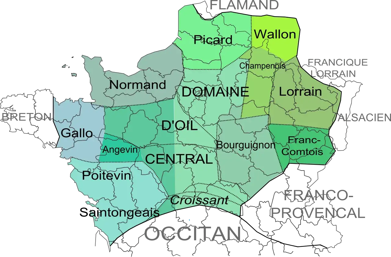 Mapa de las regiones de la lengua de oil hablada en Francia, mostrando dialectos como normando, picardo y central.