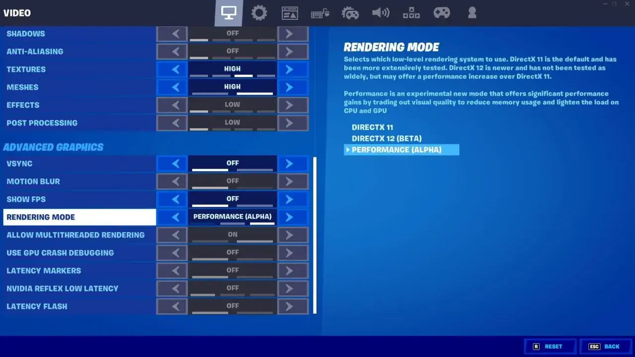 Ustawienia Fortnite: tryb renderowania 