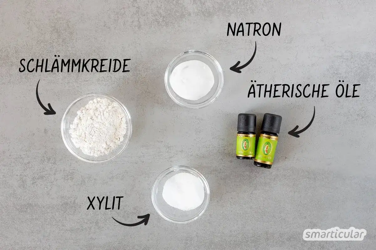 Zutaten f&uuml;r zahnpulver selber machen: Schl&auml;mmkreide, Natron, Xylit und &auml;therische &Ouml;le.