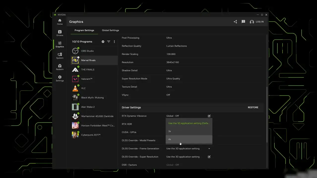 NVIDIA-Systemsteuerung: DLSS-Override für Marvel Rivals auf 4x eingestellt.