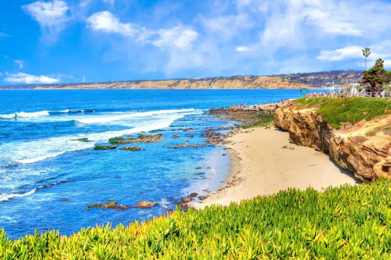 Las **playas de La Jolla** lucen un mar azul intenso con olas blancas rompiendo en la costa rocosa. Acantilados dorados y vegetaci&oacute;n verde bordean la arena.