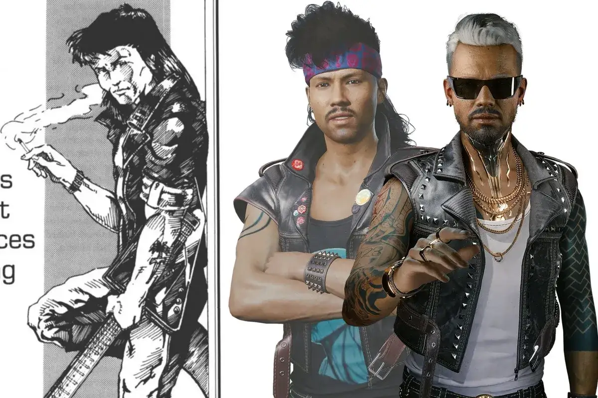 Trzech mężczyzn w stylu cyberpunk, w tym Kerry, z gitarą i papierosem.