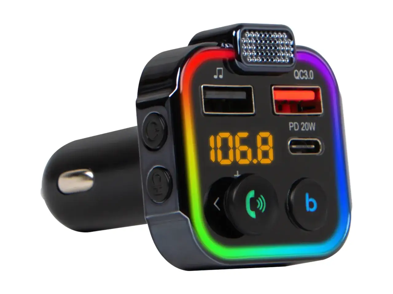 Nowoczesny transmiter FM z kolorowym podświetleniem, dwoma portami USB (w tym QC3.0 i PD 20W) oraz przyciskiem Bluetooth. Dowiedz się, jak połączyć się z transmiterem, by cieszyć się muzyką w aucie.