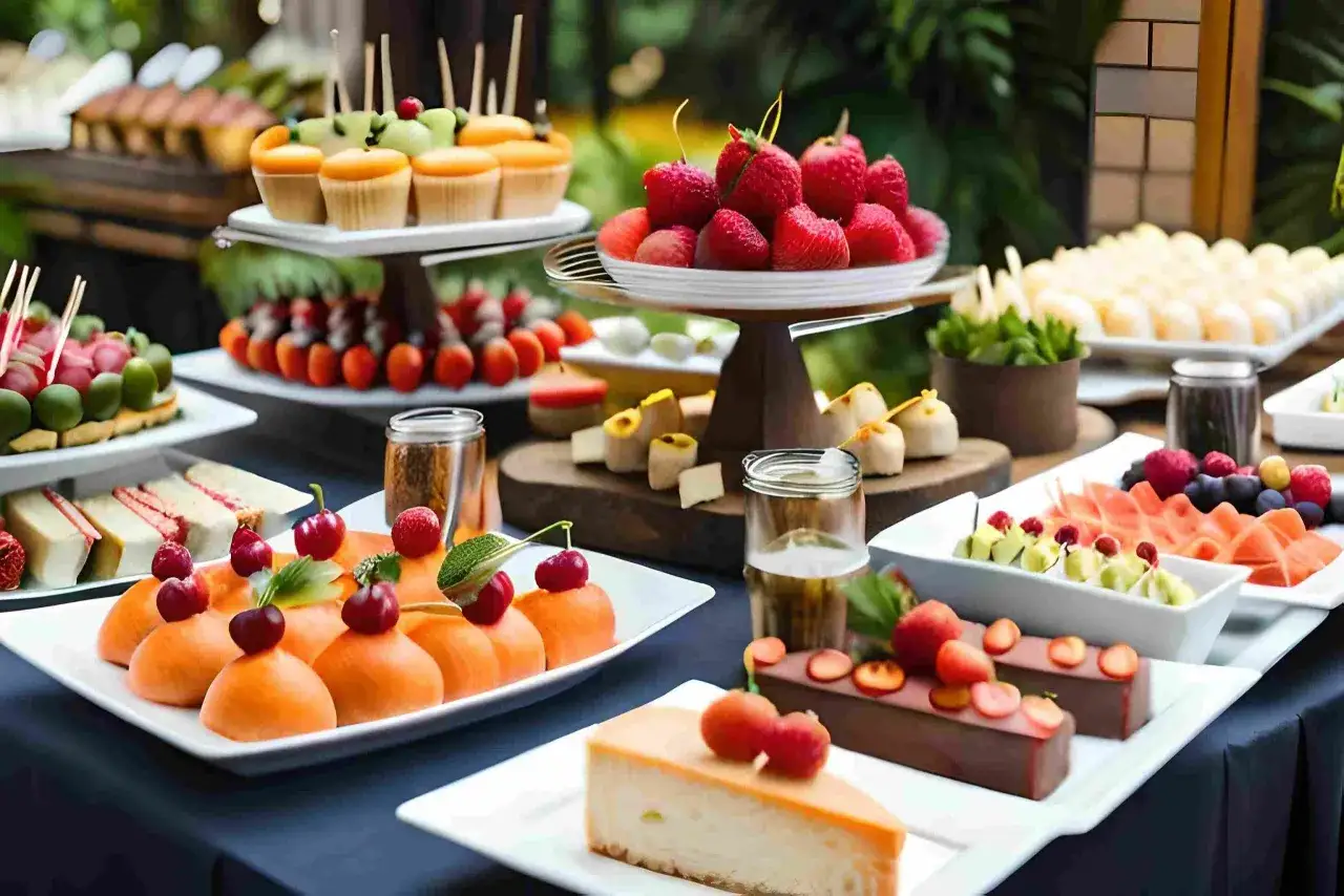 Un délicieux buffet déjeuner avec des fruits frais, des gâteaux et des cupcakes.