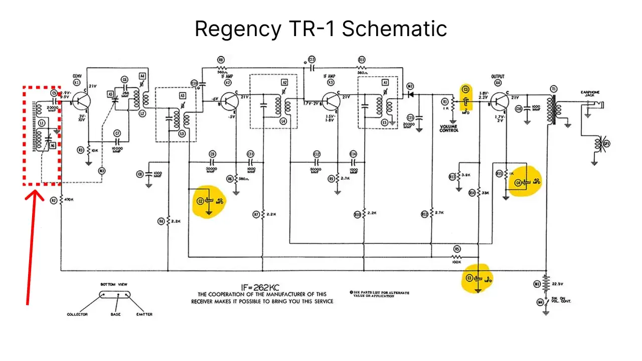 Schemat Regency TR-1: cewka (dławik) L1 w obwodzie konwertera, kondensatory i tranzystory tworzą sekcje wzmacniaczy.