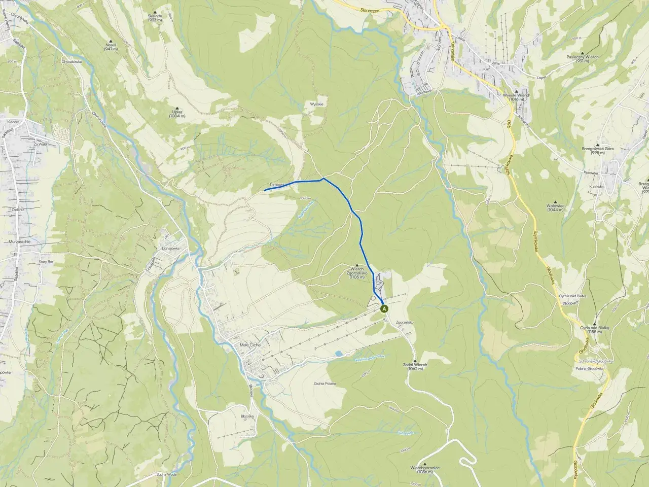 Mapa poronin szlaki turystyczne: zaznaczony niebieski szlak prowadzi przez Wierch Zgorzelisko (1105 m) i Zadni Wierch (1062 m).