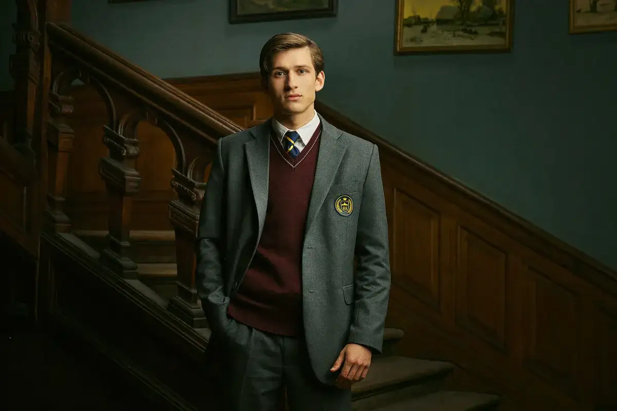 En ung man i skoluniform st&aring;r p&aring; en trappa. Han &auml;r en del av rollistan i ondskan (tv-serie).