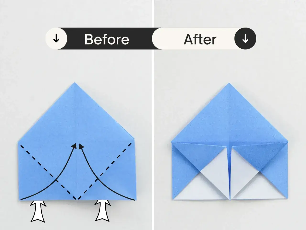 Schritt-f&uuml;r-Schritt-Anleitung f&uuml;r ein **mini origami**: Vorher-Nachher-Ansicht zeigt das Falten eines blauen Papiers.