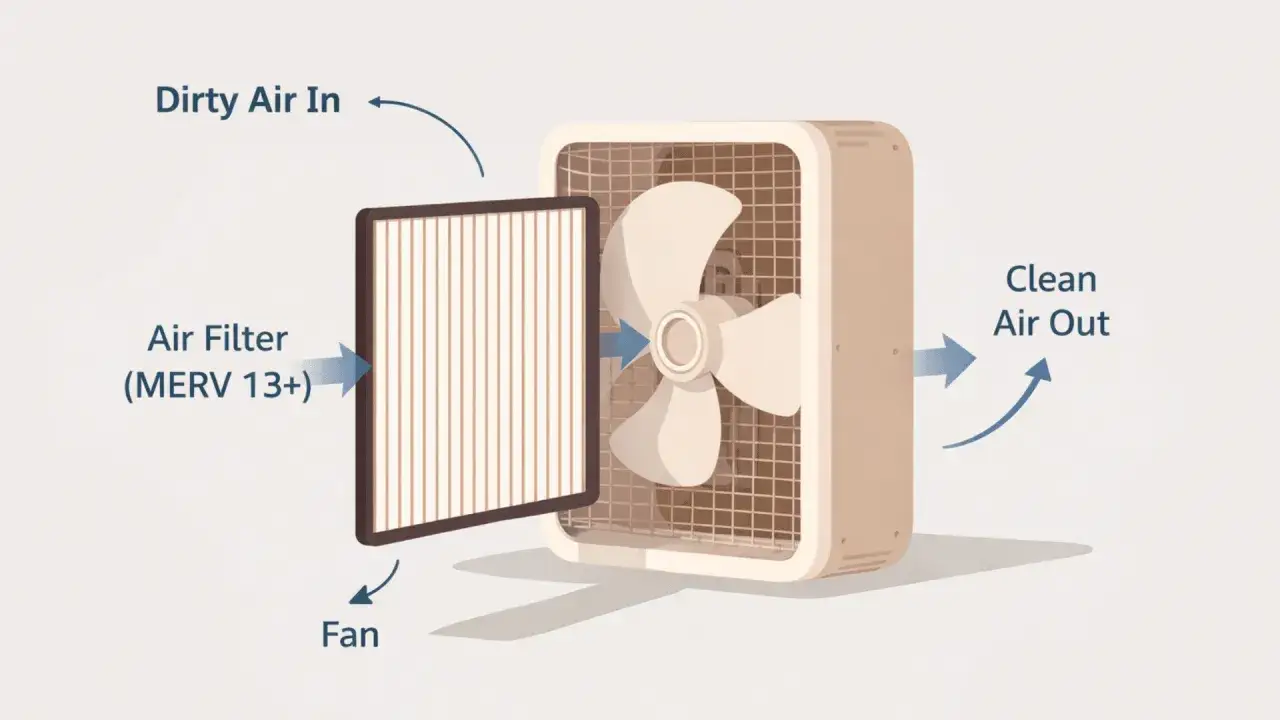 Diagrama de un ionizador de aire casero: un filtro de aire (MERV 13+) captura el aire sucio, que luego es impulsado por un ventilador para emitir aire limpio.