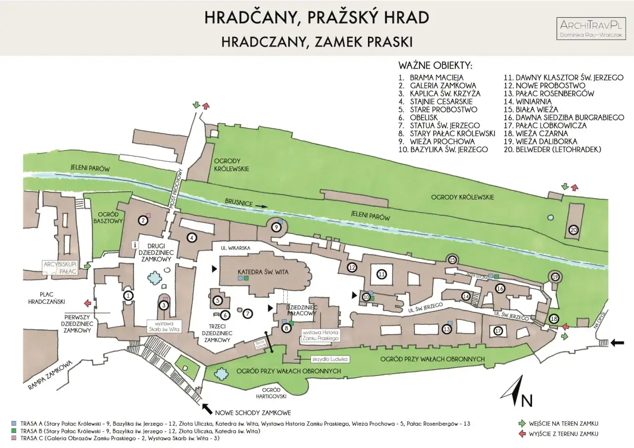 Mapa Hradczan, Zamku Praskiego z zaznaczonymi obiektami, ogrodami i trasami zwiedzania.