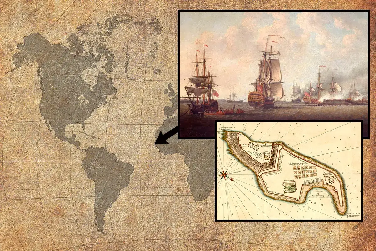 En gammal v&auml;rldskarta visar en flotta av segelfartyg och en detaljerad karta &ouml;ver en bef&auml;st &ouml;, som p&aring;minner om h&auml;ndelser under nordiska sju&aring;rskriget.