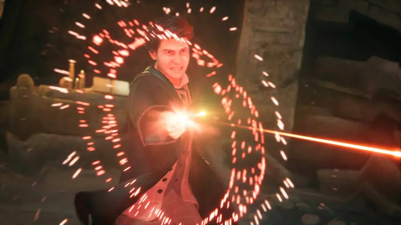 Uczeń Hogwartu rzuca zaklęcie, otoczony czerwonymi iskrami. Wyobraź sobie, jakby to wyglądało w **Hogwarts Legacy multiplayer**!