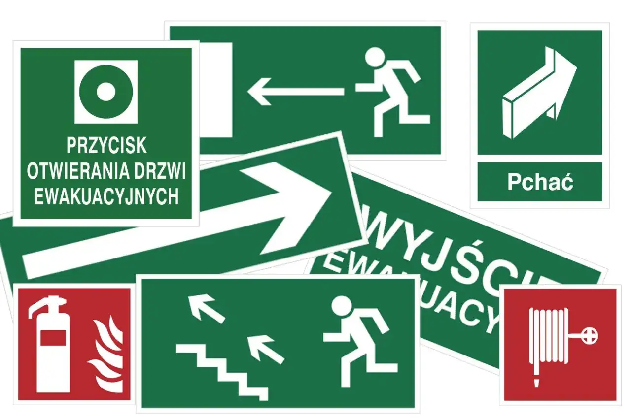 Znaki ognia i ewakuacji: przycisk otwierania drzwi, wyjście, pchać, gaśnica, wąż strażacki, schody.
