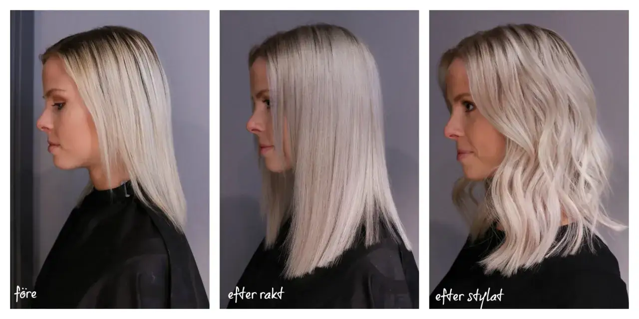 Före och efter styling av tunt hår. Från rakt till voluminösa vågor.