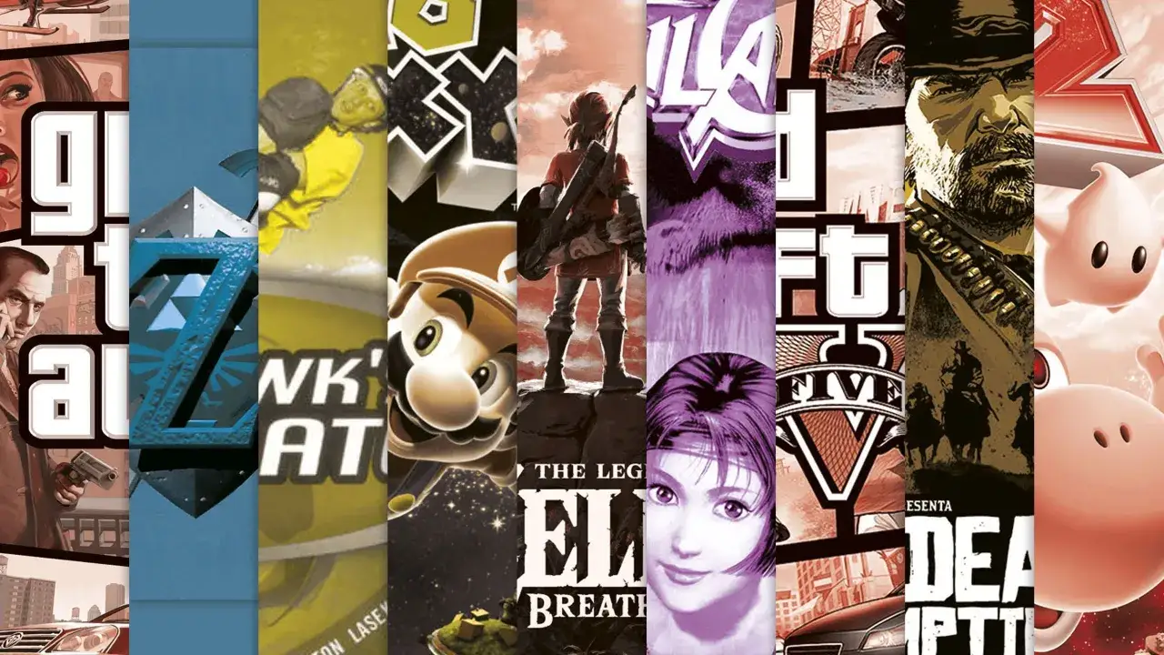 Un collage de portadas de videojuegos ic&oacute;nicos, incluyendo GTA, Zelda, Mario y Red Dead Redemption, que representan los top 10 mejores juegos de la historia.